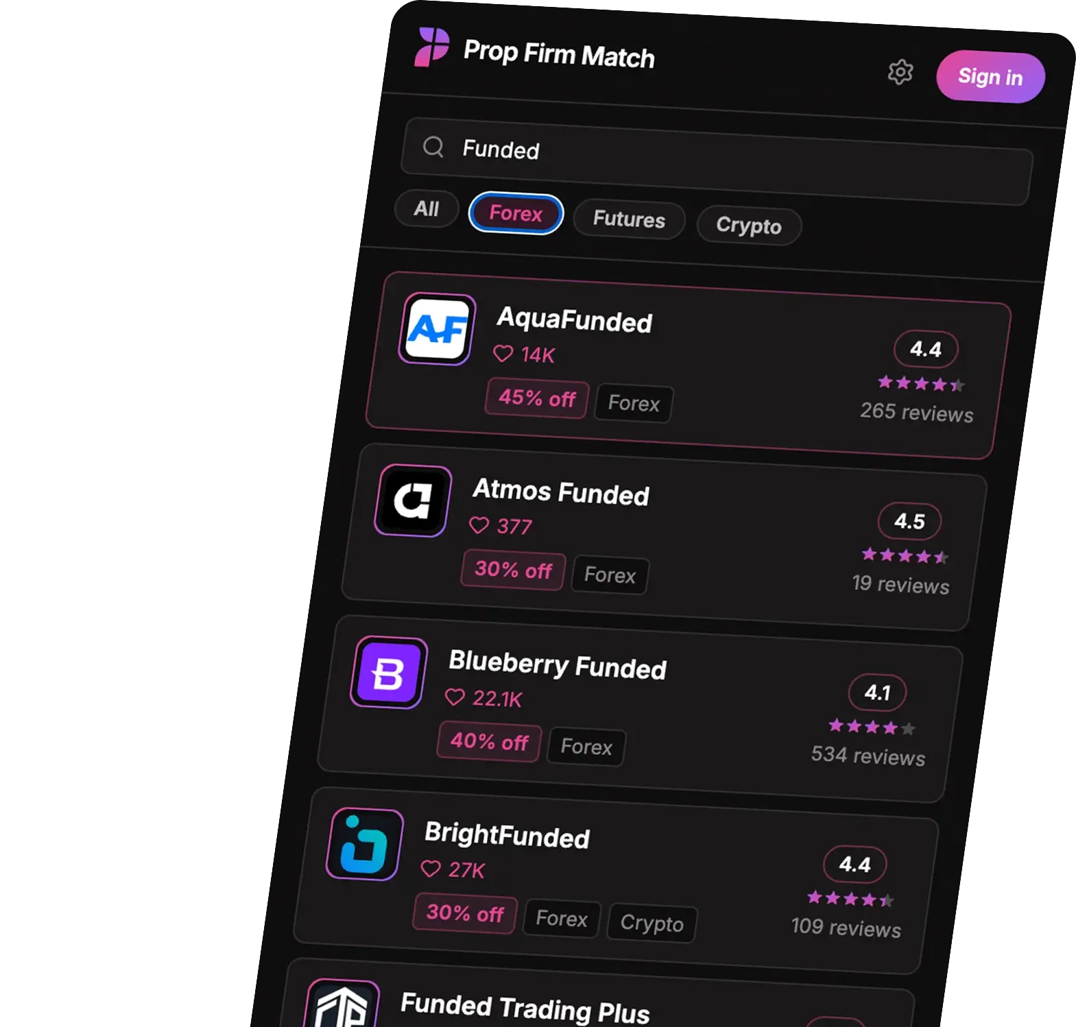 Prop Firm Match extension directory listing verified Forex, Futures, and Crypto prop firms.